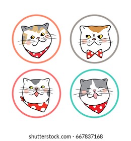 Vector illustration set logo head of cute cat with scarf polka dot.
