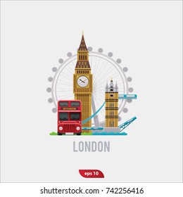 Vector illustration set of London, flat symbols of Big Ben, of london bridge, of double decker london bus and London Eye