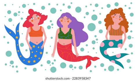 Vector illustration set with long hair mermaids. Cute marine print collection with magic creatures