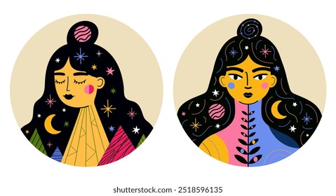 Vector illustration set with long hair woman, abstract elements, stars and planets. Universe female poster, home decoration print design, mother nature concept art