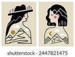 Vector illustration set with long and short hair women, mountains, abstract elements, pine trees. Nature lovers travel female poster, home decoration print design