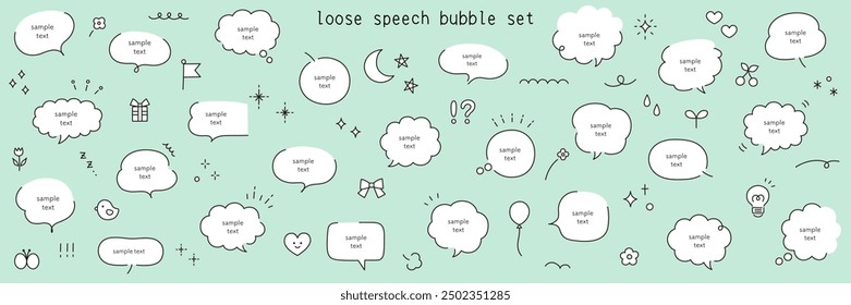 A vector illustration set of loose speech bubbles in a hand-drawn style. Frames, speech balloon, decorations, icons, handwriting