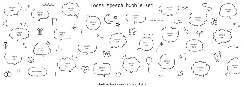 A vector illustration set of loose speech bubbles in a hand-drawn style. Frames, speech balloon, decorations, icons, handwriting