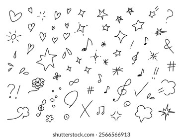 Vector illustration set of loosely drawn handwritten marks. Hearts, stars, musical notes, etc. White background.