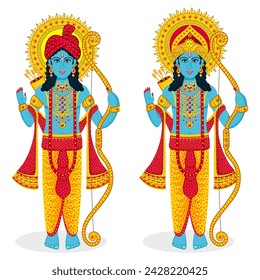 Vector Illustration Set of Lord Rama with turban and crown holding bow in his hand.