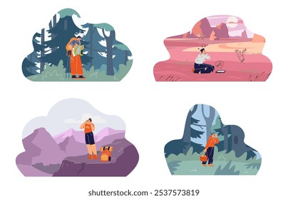 Vector illustration of a set of lost male characters in mountain, forest and desert areas. They call for help, study the map and panic when they are left without mobile communication. Flat style.