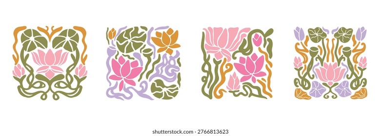 Vector illustration set with lotus flower and botanical elements in Matisse cutout style. Abstract floral collection with pink lilies and organic shapes for logo design, stickers, and modern art prints.