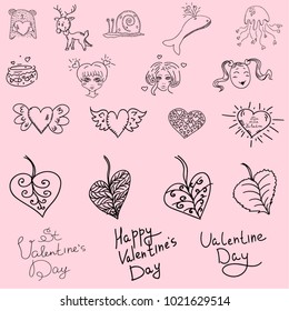 Vector illustration. Set of love and animal with deer, bear, snail, jellyfish, whale, hearts, girls, fish.