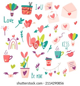 Vector illustration. Set of love elements perfect for greeting cards, invitation, gifts. Valentine’s Day Holiday design.
