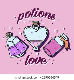 Vektorillustration Illustration, Set von Liebe Zaubertranken. Flüssige Liebe. Valentinstag, Elixier-Flasche, Mystik, Hexerei