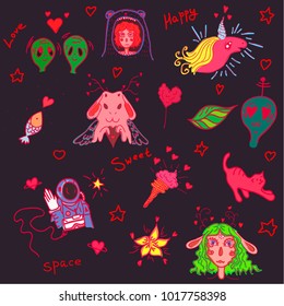 Vector illustration. Set of love and space on a lack background with lover aliens, rabbit, nicorn, cat, fish, cosmonaut, ice cream, flower and girls.  St Valentine's Day.