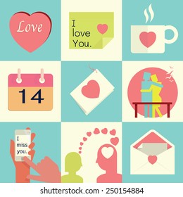 Vector illustration set of love and Valentine's day concept, decorative elements, background, abstract, banner, card, calendar, romance of lovers. Flat design. 