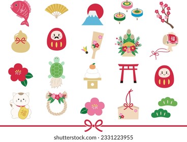 Vector illustration set of lucky charm icons such as sea bream, kadomatsu, and beckoning cat for New Year's and New Year's cards