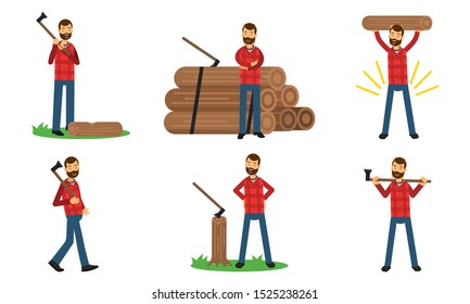 Vector Illustration Set With Lumberman In Different Action Poses
