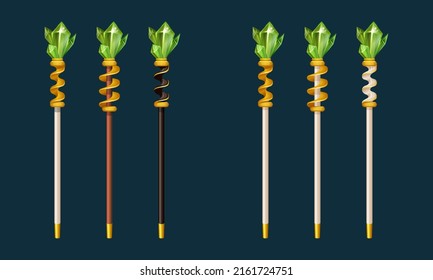 Conjunto de ilustraciones vectoriales de mágicas de lujo para hechiceros o hechiceros. Magic props para juegos rpg en estilo casual. Palo negro, blanco o de madera con espiral dorada y gemas verdes, cristales para juegos ui