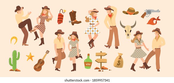Vector illustration set of m cowboy and cowgirls dancing. Western clip art for creating a cover design for a country music album. People dance and have fun.