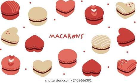 Vector illustration set of macarons, gorgeous Valentine's Day colors of red, pink, and white.	