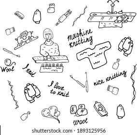 Vector illustration. Set. Machine knitting. Black and white drawing.