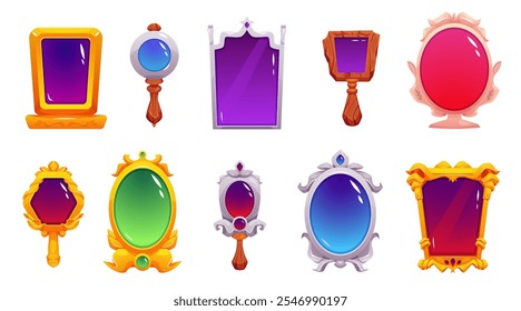 Ilustração vetorial de um conjunto de espelhos mágicos de diferentes formas e cores em um plano de fundo isolado. Misteriosos espelhos de conto de fadas são perfeitos para o design de jogos. Fundo isolado, estilo de desenho animado.