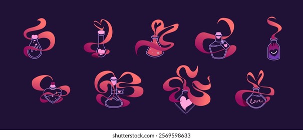 Vector illustration set of magic potions, mystical elixirs and remedies for love enchartment. Mystical and romantic collection of different flasks with hearts and smokes