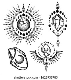 Vector illustration, set, magical astrology and crystals, spirituality and occultism, magic symbol, Handmade, print on t-shirt, tattoo