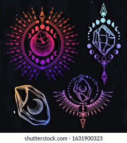 Vector illustration, set, magical astrology and crystals, spirituality and occultism, magic symbol, Handmade, print, background  chalkboard