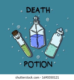 Vector illustration, a set of magical deadly potions. Magic poison. Halloween, elixir bottle, mystic, witchcraft