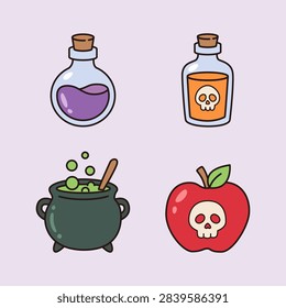 Vector illustration set of magical witch concoctions featuring a potion bottle, poison flask, bubbling cauldron, and skull apple.