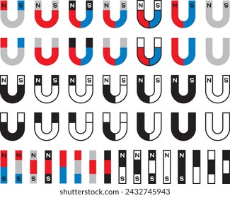 Vector illustration set of magnets, U magnets and bar magnets