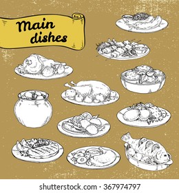 vector illustration set of main courses for design of restaurants and cafes. set hand-painted sketch meat and fish dishes with side dishes of European cuisine.