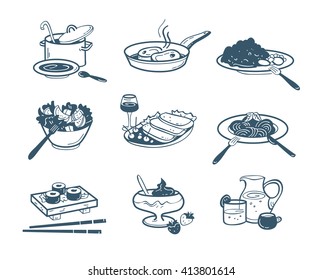 Vector illustration set of main courses for design of restaurants and cafes. Set hand-painted sketch of different dishes. Meat, chicken, noodles, salad, soup, beverages, dessert. 
