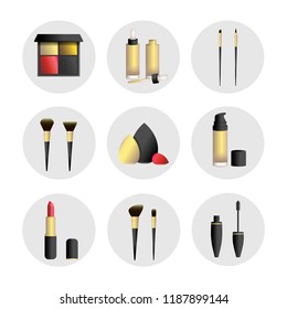 Vector illustration set with makeup tools: blush, brow, powder brushes; dropped bottles of foundation; shadow, highligher palette, lipstick, volume mascara, droblet sponge. Red, gold, black colors