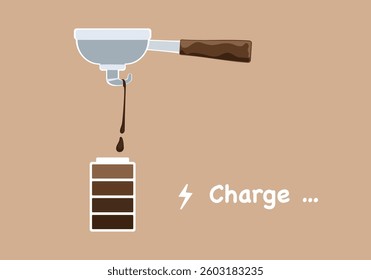 Vector illustration set for making fresh coffee drink, roasted and ground, aromatic, tamper with hot water and charging stick, isolated background graphic for designing food and beverage menu, coffee 