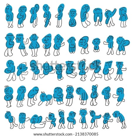 Vector illustration set of male cartoon characters showing various facial expressions and emotions. The collection includes simple, colorful line art figures in blue and white style, expressing happin