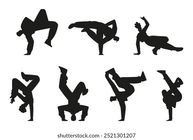 Ilustração vetorial de um conjunto de silhuetas masculinas e femininas dançando breakdance. Personagens em diferentes posições demonstram movimentos dinâmicos de dança hip-hop em um fundo isolado.