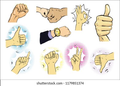 Vector illustration of a set of male hand gestures. Pointing finger, like or thumb up, ok sign. Hand drawn vintage comic style illustration