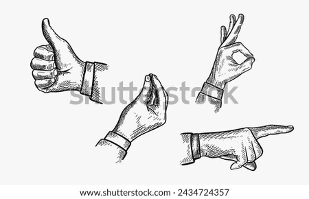 Vector illustration of a set of male hand gestures. Pointing finger, like or thumb up, Italian gesture and ok sign. Hand drawn vintage engraving style.