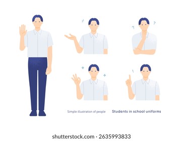 Vector illustration set of a male high-school student in a short-sleeve summer shirt showing five poses