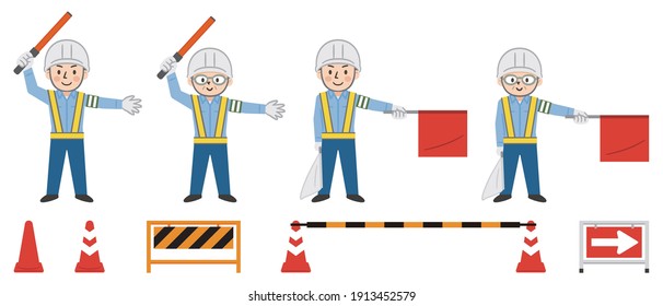 Vector illustration set of male security guards and construction site barriers and signs to guide traffic