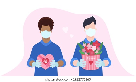 Vector illustration set man black and white congratulate woman's with woman's day 8 (eight) march with flowers and candy. Delivery service guys.