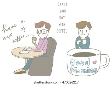 vector illustration- set of man drinking coffee.