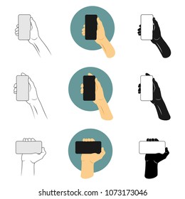 Vector illustration set man holding smartphone with the right hand to making selfie. Outline, silhouette and color version