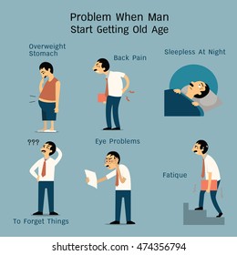 Vector illustration set of man at old age start getting problem from various pain or physical problems. Character design in flat style. 