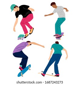 Vector illustration set of man playing skateboard. Isolated on white background