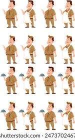 Ilustración vectorial, conjunto, hombre en traje, cocinero, uniforme, hombre preparando la comida, camarero, ocio, trabajo, profesión, plato