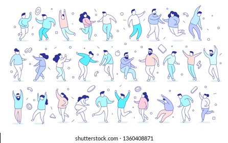 Vector illustration of set of man and woman in different cool poses on white background. Line art style design of people in colored clothes for web, site, banner, print