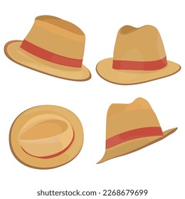 Vector illustration set of man and woman hats. Stylish male and female headwear. Elegant panama and straw hat. Cool and modern fashion theme for digital resources.