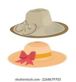 Vector illustration set of man and woman hats. Stylish male and female headwear. Elegant panama and straw hat. Cool and modern fashion theme for digital resources.