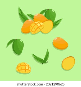 Vector illustration set of mango. Orange and green mango with leaves. An half and sliced ripe mango. Tropical fruit for healthy food.