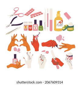Vector illustration set of manicure accessories, equipment or tools with various of hands gestures with colored nails. Beauty and fashion concept